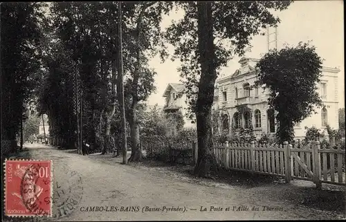 Ak Cambo les Bains Pyrenees Atlantiques, La Poste et l'Allee des Thermes