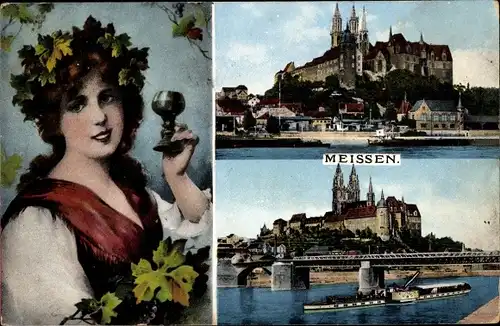 Ak Meißen in Sachsen, Salondampfer, Albrechtsburg, Dom, Frauenportrait mit Wein