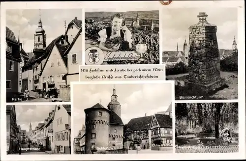 Ak Tauberbischofsheim Tauberfranken, Schlossplatz, Bismarckturm, Hauptstraße, Teilansicht