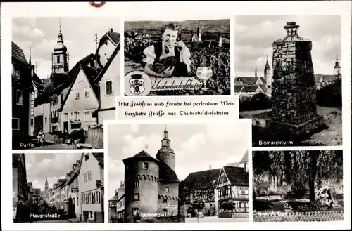 Ak Tauberbischofsheim Tauberfranken, Schlossplatz, Bismarckturm, Hauptstraße, Teilansicht