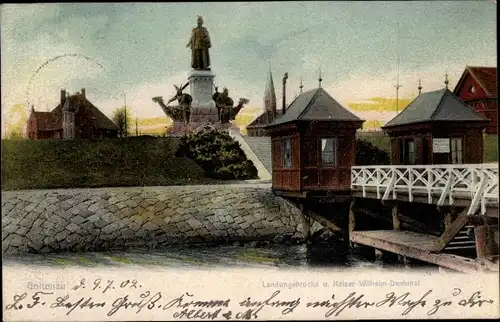 Ak Holtenau Kiel in Schleswig Holstein, Landungsbrücke und Kaiser Wilhelm Denkmal