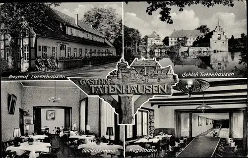 Ak Tatenhausen Bokel Halle in Westfalen, Gasthof Tatenhausen, Aussen- und Innenansicht, Schloss