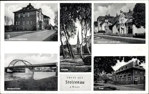 Ak Stolzenau an der Weser, Kreiskrankenhaus, Kirche, Post, Weserbrücke, Schinnaer Landstraße