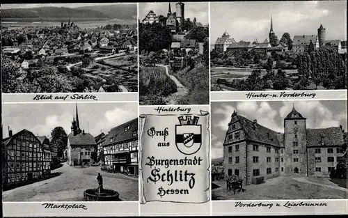 Ak Schlitz in Hessen, Ort, Hinterburg- und Vorderburg, Leierbrunnen, Marktplatz, Wappen