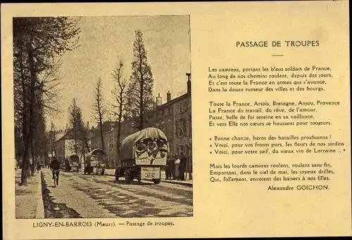 Ak Ligny en Barrois Meuse, Passage de troupes, Gedicht von Alexandre Goichon