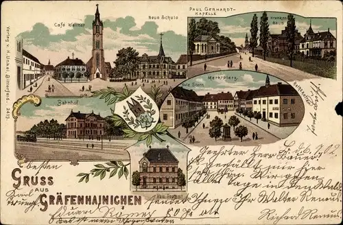 Wappen Litho Gräfenhainichen im Kreis Wittenberg, Paul Gerhardt Kapelle, Schule, Bahnhof, Postamt