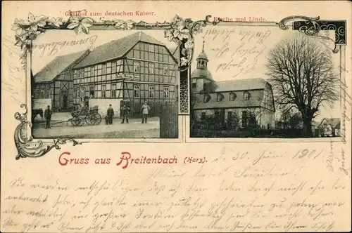 Ak Breitenbach Sangerhausen am Südharz, Gasthof zum Deutschen Kaiser, Kirche, Linde