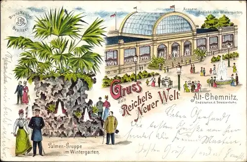 Litho Chemnitz Sachsen, Reichels Neue Welt, Inh. Bruno Reichel, Wintergarten, Palmengruppe, Besucher