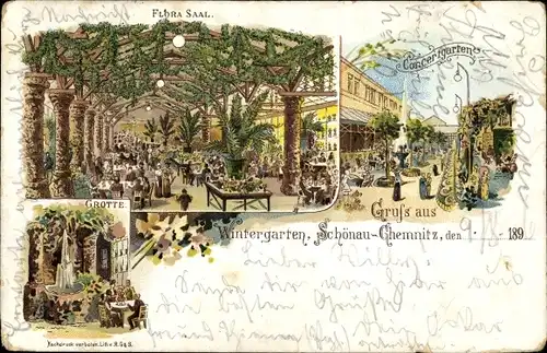 Litho Schönau Chemnitz in Sachsen, Wintergarten, Konzertgarten, Grotte, Flora Saal