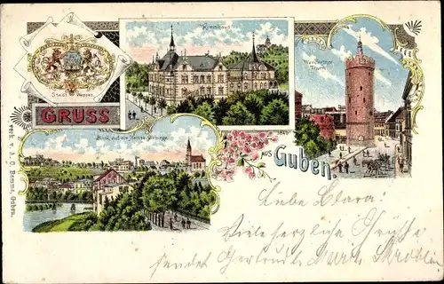 Wappen Litho Guben in der Niederlausitz, Kreishaus, Turm, Stadtansicht