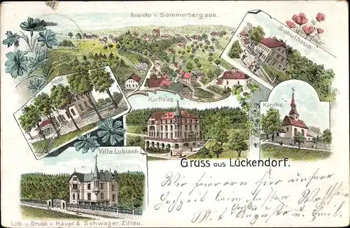 Litho Lückendorf Oybin Oberlausitz, Kirche, Schule, Post, Kurhaus, Villa Lubisch