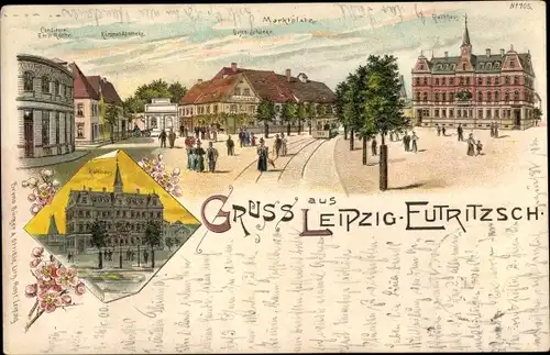 Litho Eutritzsch Leipzig in Sachsen, Rathaus, Marktplatz, Apotheke, Konditorei Emil Rohr