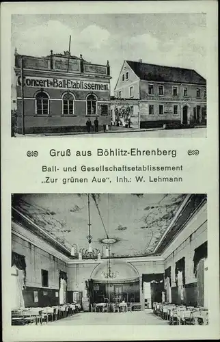 Ak Böhlitz Ehrenberg Leipzig in Sachsen, Gesellschaftsetablissement Zur grünen Aue, Innenansicht