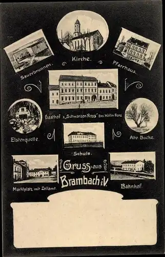 Ak Bad Brambach im Vogtland, Buche, Pfarrhaus, Bahnhof, Marktplatz, Zollamt, Sauerbrunnen