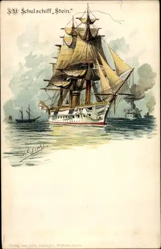 Künstler Litho Siehl, Deutsches Kriegsschiff, SMS Stein, Schulschiff, Segelschiff
