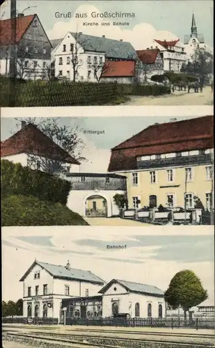 Ak Großschirma in Sachsen, Kirche, Schule, Rittergut, Bahnhof, Gleisseite