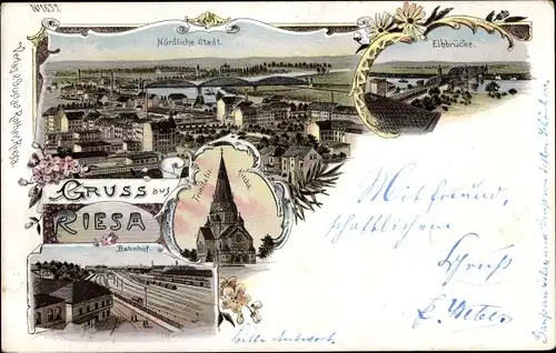 Litho Riesa an der Elbe Sachsen, Nördliche Stadt, Elbbrücke, Trinitatiskirche, Bahnhof