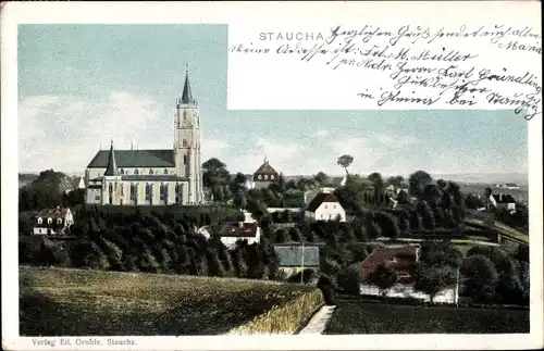 Ak Staucha Stauchitz in Sachsen, Gesamtansicht, Kirche