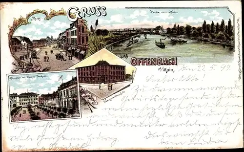 Litho Offenbach am Main Hessen, Aliceplatz, Kriegerdenkmal, Markt, Kunstgewerbeschule