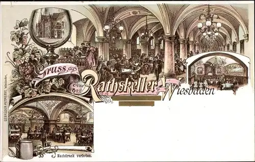 Litho Wiesbaden in Hessen, Gasthaus Ratskeller, Innenansicht, Weingroßhandlung
