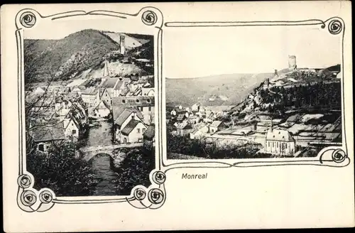 Passepartout Ak Monreal in der Eifel, Vogelschau, Gesamtansicht