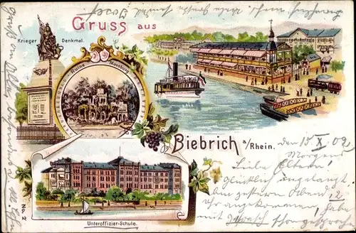 Litho Biebrich Wiesbaden in Hessen, Kriegerdenkmal, Unteroffizierschule, Ruine Moosburg