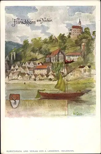 Wappen Künstler Ak Diez, H., Hirschhorn am Neckar Hessen, Gesamtansicht, Segelboot