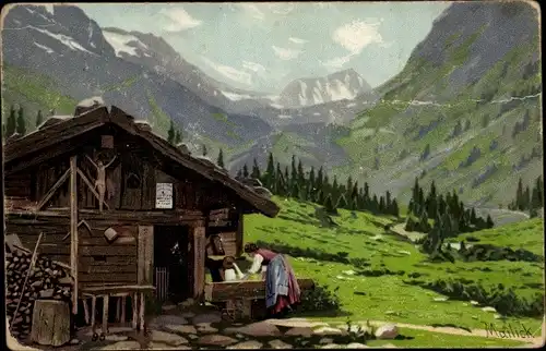 Künstler Ak Mailick, Gebirgslandschaft, Sennhütte