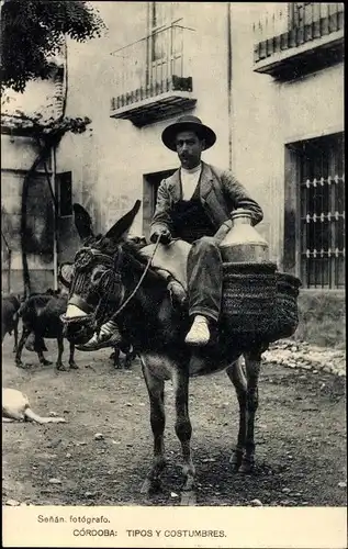 Ak Cordoba Andalusien Spanien, Tipos y Costumbres, Spanier auf einem Esel, Reiter