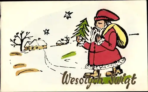 Ak Frohe Weihnachten, Wesolych Swigt, Weihnachtsmann, Tannenbaum