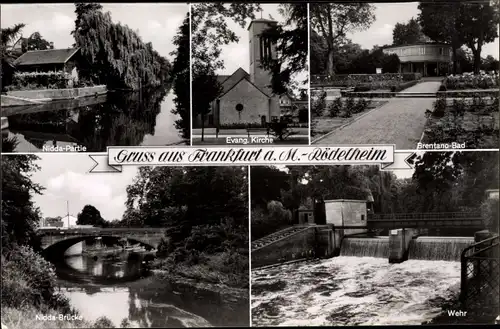 Ak Rödelheim Frankfurt am Main, Nidda Partie, Kirche, Brentano Bad, Wehr