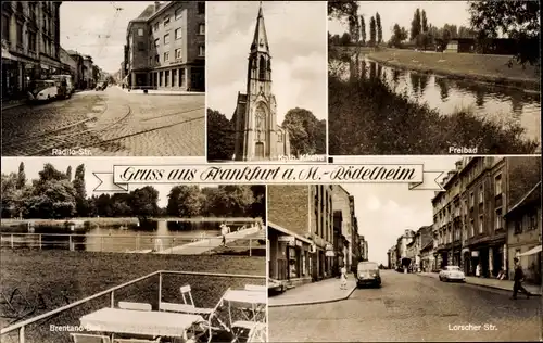 Ak Rödelheim Frankfurt am Main, Straßenansichten, Kirche, Freibad, Brentano Bad