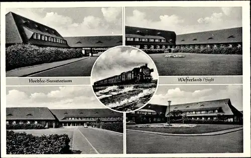 Ak Westerland auf Sylt, Sanatorium, Lokomotive, Gebäudekomplex