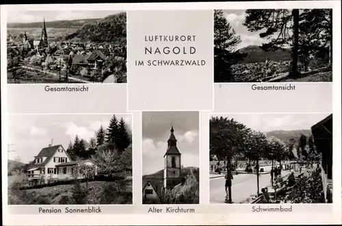 Ak Nagold im Schwarzwald, Alter Kirchturm, Schwimmbad, Pension Sonnenblick, Panorama