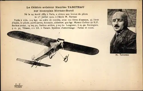 Ak Aviateur Maurice Tabuteau sur monoplan Morane Borel, Flugzeug, Pilot