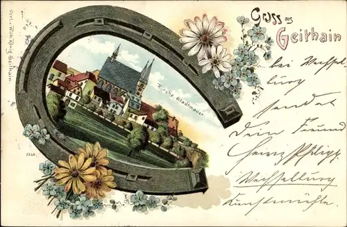 Passepartout Litho Geithain in Sachsen, Kirche, Stadtmauer, Hufeisen, Blumen