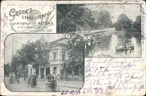 Ak Hamburg Altona Othmarschen, Groth's Etablissement, Elbchaussee, Teich, Radfahrer