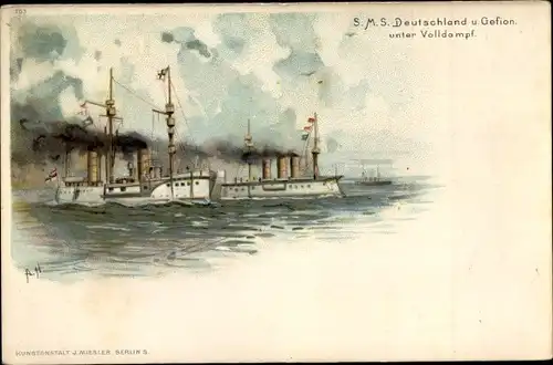 Künstler Litho Deutsches Kriegsschiff, SMS Deutschland, Linienschiff, SMS Gefion, Kreuzer