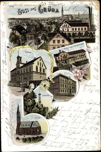 Litho Grüna Chemnitz Sachsen, Rathaus, Kirche, Schule, Stahringers Naturheilanstalt,Totenstein