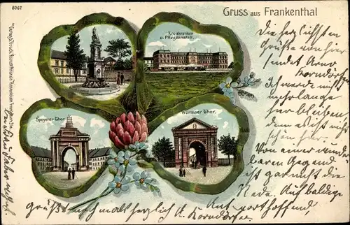 Kleeblatt Litho Frankenthal in der Pfalz, Wormser Tor, Krankenhaus, Speyerer Tor, Luitpoldbrunnen