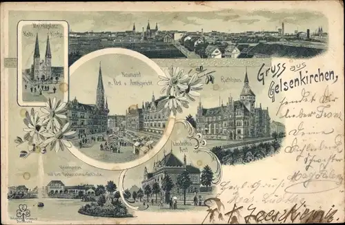 Litho Gelsenkirchen im Ruhrgebiet, Rathaus, Neumarkt, Amtsgericht, Landratsamt