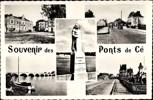 Ak Les Ponts de Cé Maine et Loire, Brücke, Denkmal, Straßenpartie