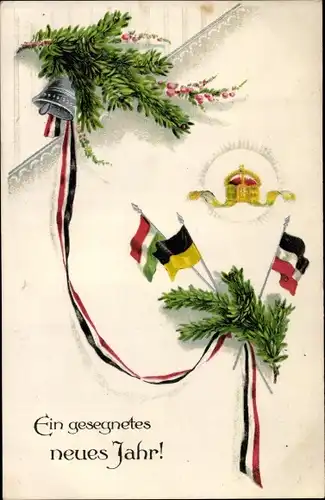 Präge Litho Glückwunsch Neujahr, Glocke, Krone, Fahnen, Patriotik, Österreich, Ungarn, Kaiserreich