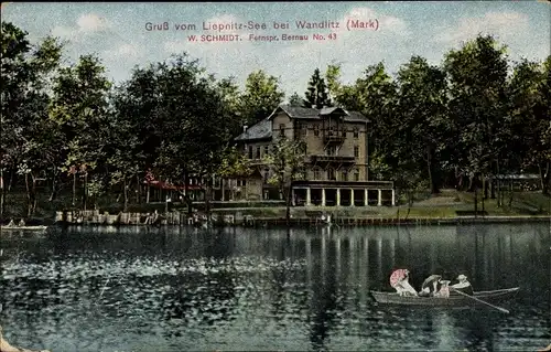 Ak Liepnitzsee bei Wandlitz im Kreis Barnim, Blick auf ein Haus vom Wasser aus, Ruderboot