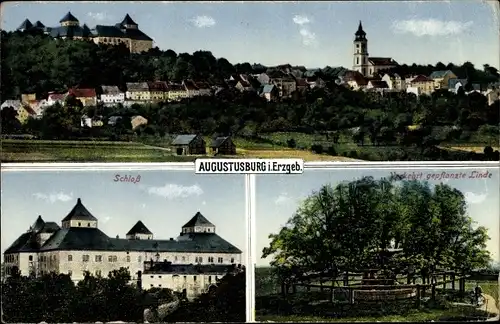 Ak Augustusburg im Erzgebirge, Schloss, Panorama vom Ort, verkehrt gepflanzte Linde