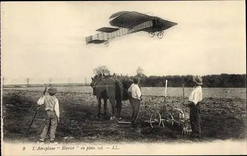 Ak Nos Aéroplanes, L'Aéroplane Blériot den plein vol, Pferdepflug, Flugzeug