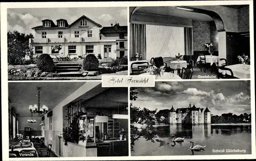 Ak Glücksburg an der Ostsee, Schloss, Hotel Fernsicht, Veranda, Gaststube