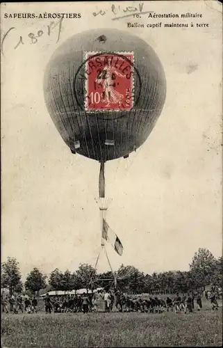 Ak Aérostation militaire, Ballon captif maintenu à terre, Fesselballon am Boden befestigt