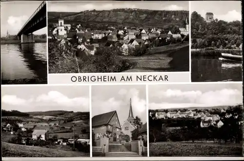 Ak Obrigheim am Neckar, Panorama, Neckapartie, Brücke, Kirche, Ortspartie