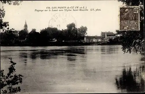 Ak Les Ponts de Cé Maine et Loire, Paysage sur le Louet vers l'Eglise Saint Maurille